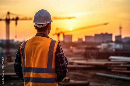 Back view of construction engineer in standard safety looking at the building in the construction site with sunset.