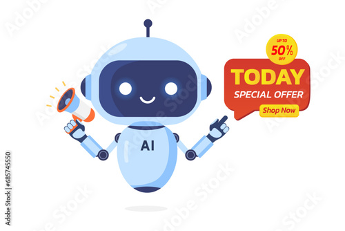AI robot holds megaphone to communicate a discount promotion to customers,banner for promote sale and offer.TODAY SPECIAL OFFER.Artificial Intelligence for marketing concept,Vector illustration.