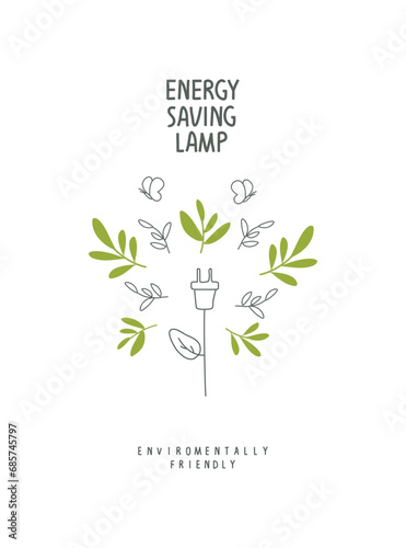 Vector illustration of Environmentally friendly planet. Hand drawn cartoon sketch of 
of Energy saving eco lamp. LED lamp with green leaf.  Alternative green energy concept. Sustainable lifestyle. Thi
