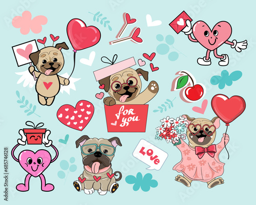 Collection of stickers with funny cartoon pug dogs and hearts with eyes on a blue background. Vector illustration set for Valentine's Day