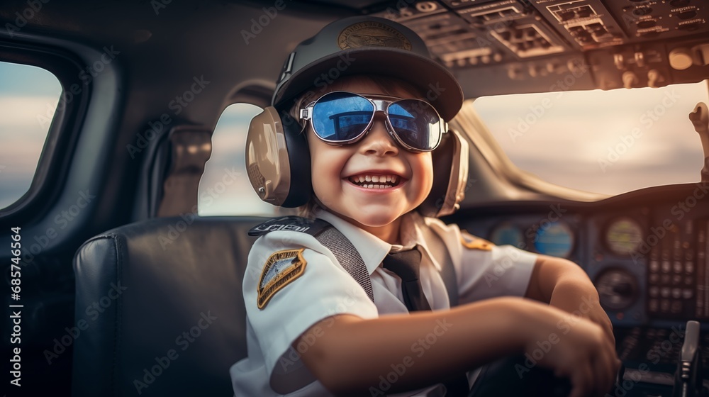 Happy kid dream job airplane captain in a pilot suit posing inside the plane in the cockpit. Future dream job for kid Happy kid dream job airplane captain in a pilot suit posing inside the plane in the cockpit. Future dream job for kid