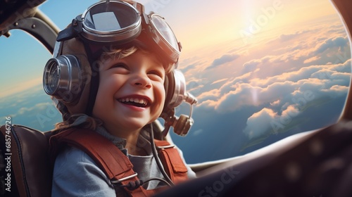 Happy kid dream job airplane captain in a pilot suit posing inside the plane in the cockpit. Future dream job for kid photo