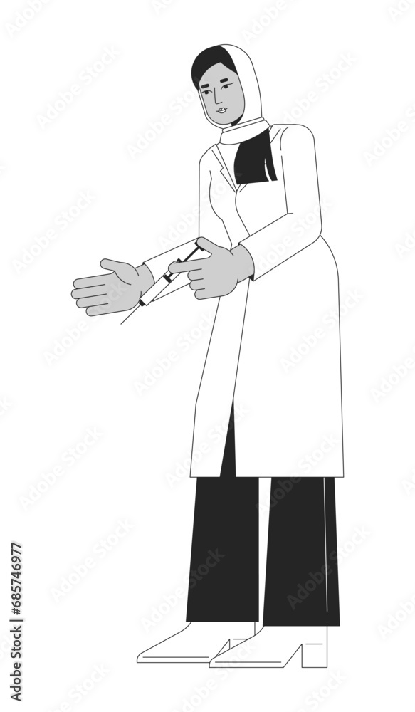 Muslim lab coat physician holding syringe black and white 2D line cartoon character Muslim lab coat physician holding syringe black and white 2D line cartoon character