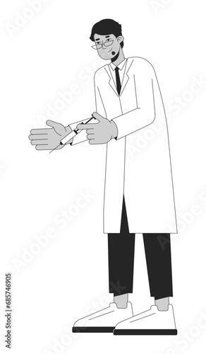 Arab white coat doctor holding syringe black and white 2D line cartoon character
