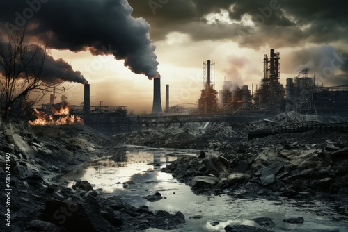 Unsightly Industry factory pollution. Steam plant. Generate Ai