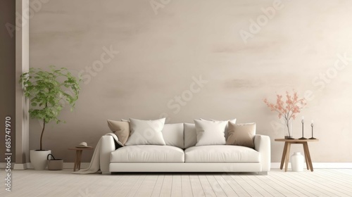  a small comfortable sofa and trendy background in a bright living room photo