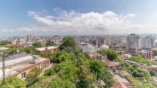 Panorama showing aerial view of city center and the harbor of Durres timelapse from viewpoint, Albania.