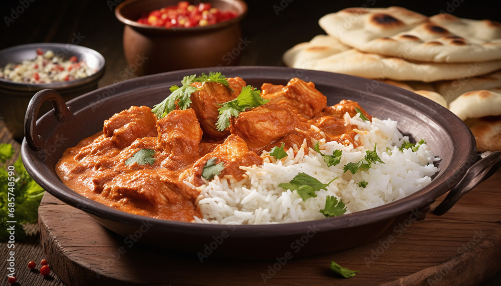 Chicken tikka masala – spicy curry meat food in a clay plate.