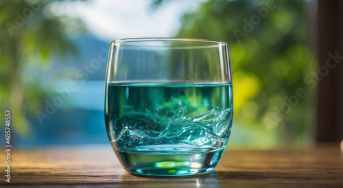 Cinematic Elegance: Crystal Clear Water Glass Against a Defocused Natural Background, Visually Stunning and Captivating - AI Generative