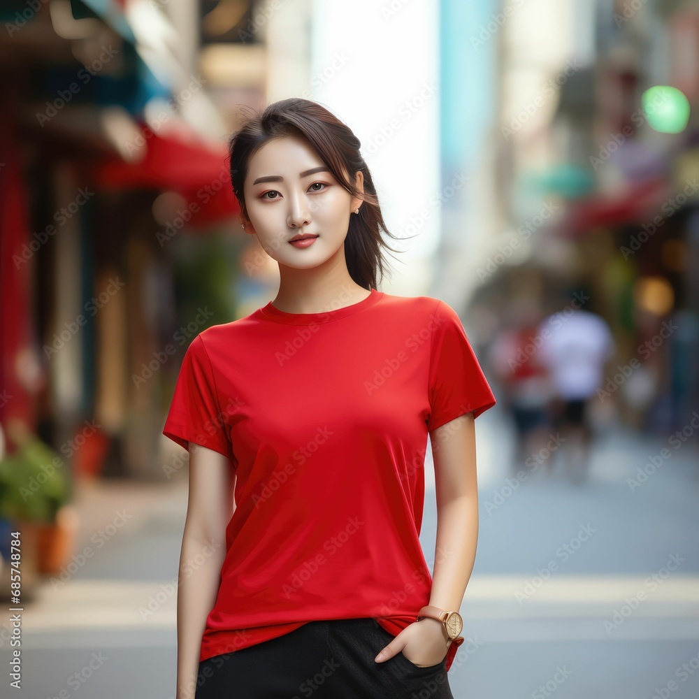Red T-shirt Lunar New Year Mockup | Asian Girl Celebrating in Style