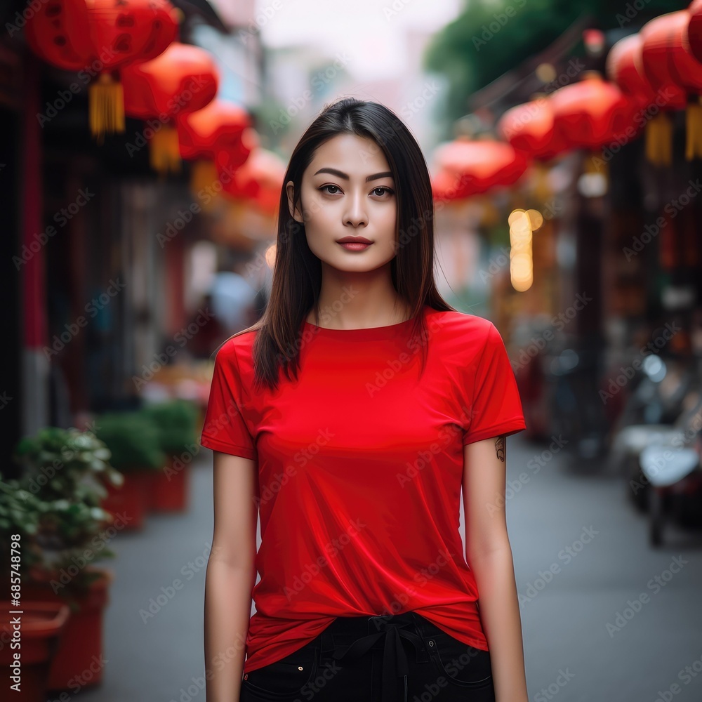 Lunar New Year Theme Mockup: Red T-Shirt on Stylish Female Model