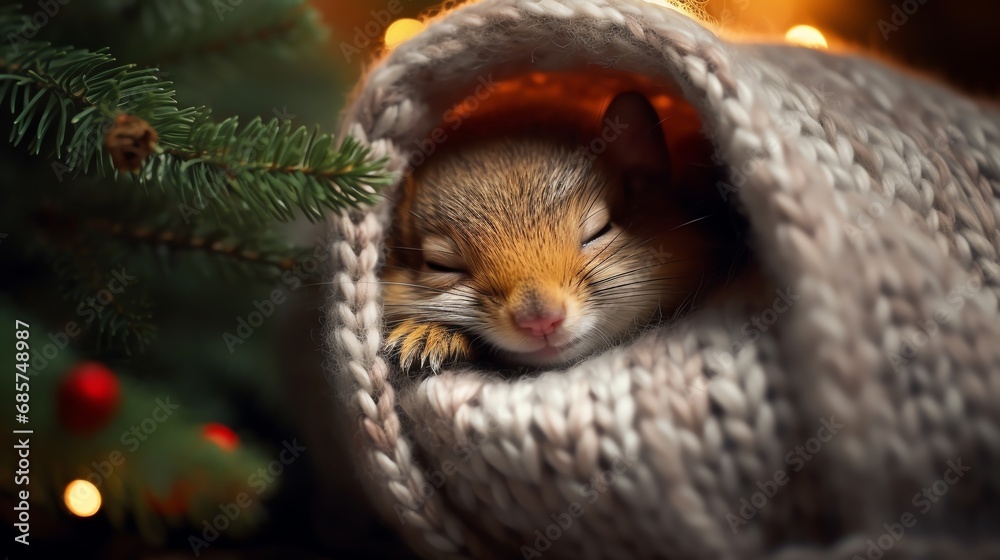 Super cute squirrel wearing knitted Santa hat. Christmas greeting card. AI generated image Super cute squirrel wearing knitted Santa hat. Christmas greeting card. AI generated image