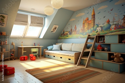 Inviting Wood interior kid room. Medieval style. Generate Ai