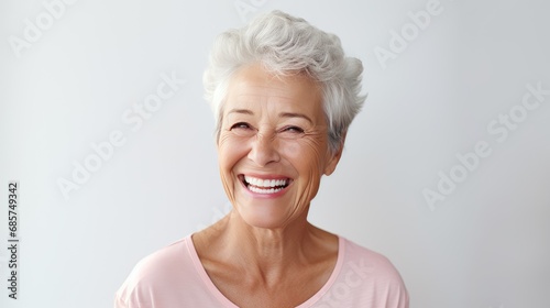 Portrait of Beautiful elder woman's smile with healthy white, straight teeth close-up on light background with space for text photo