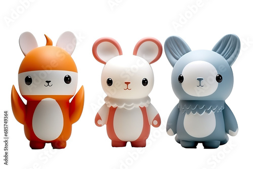 Silicone toys with Christmas theme, photo, studio lighting, white background, 3 abstract animals cartoon PNG