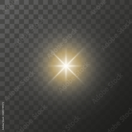 Shining golden star on a transparent background. Light vector special effect isolated.