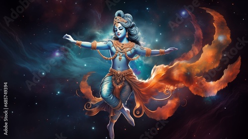 "Design Krishna in a cosmic dance pose, symbolizing the harmonious rhythm of the universe." --ar 16:9 --v 5.2 Job ID: a2f4f90d-43e5-4c23-8a7a-26a7d948bce2