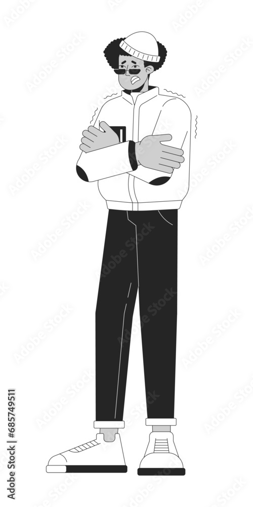 Shivering from cold weather black and white cartoon flat illustration. Latino man shaking uncontrollably 2D lineart character isolated. Having chills in winter monochrome scene vector outline image