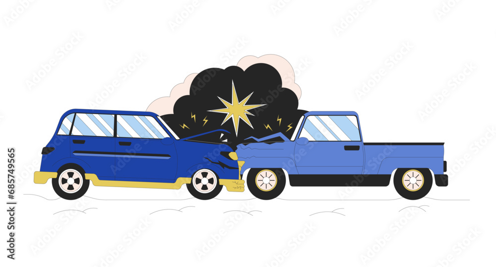 Naklejka premium Head-on collision automobiles 2D linear cartoon object. Crash bumper. Transports traffic accident isolated line vector element white background. Vehicles damaged color flat spot illustration
