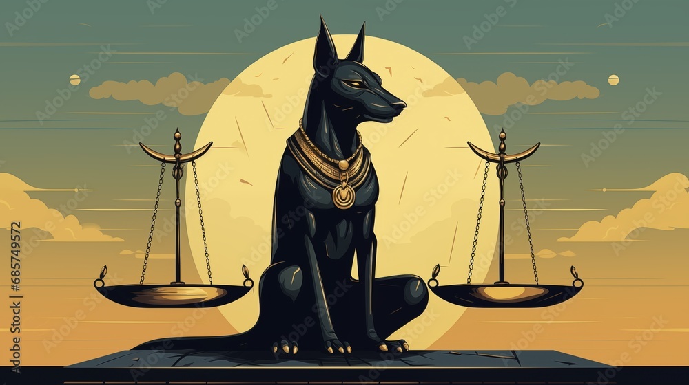 Anubis with a balance scale, symbolizing judgment in the afterlife - obrazy, fototapety, plakaty 