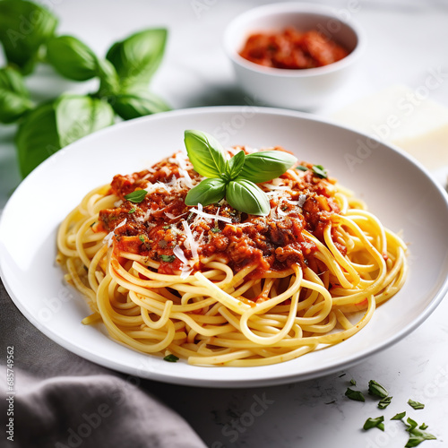 Fettuccine Bolognese pasta with tomato sauce in a white bowl.