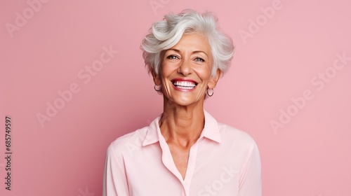 Portrait of Beautiful elder woman's smile with healthy white, straight teeth close-up on pink background with space for text © masyastadnikova