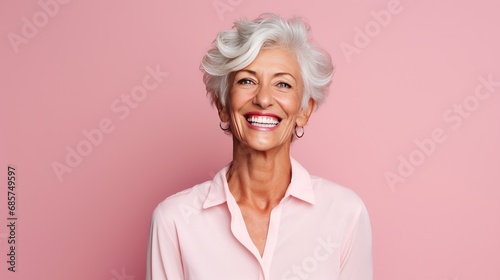 Portrait of Beautiful elder woman's smile with healthy white, straight teeth close-up on pink background with space for text