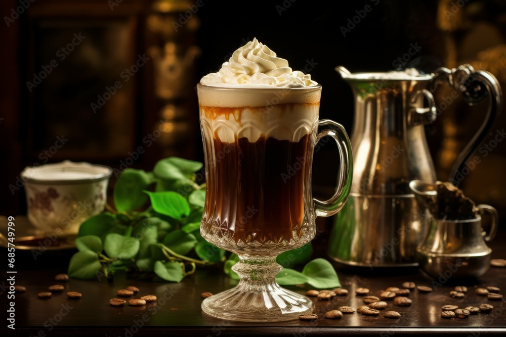 Creamy Irish coffee beverage. Cup drink mug. Generate Ai