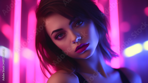 Beautiful young brunette woman in nightclub posing under neon lighting