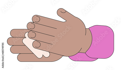 Applying cream african american linear cartoon character hands illustration. Skincare moisturizer cosmetic outline 2D vector image, white background. Lotion moisturizing editable flat color clipart