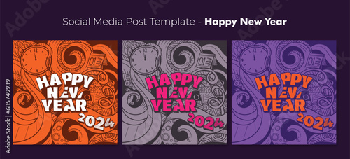 Social media post template with doodle art background for new year celebration design