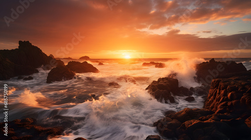 Dramatic sunset over a rugged coastline with crashing waves.