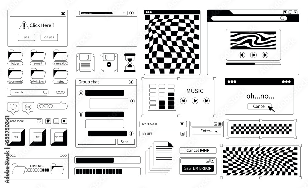 Set of computer retro interface in 2000s style. Custom PC design elements. Modern vector illustration in black and white design on an isolated background. - obrazy, fototapety, plakaty 