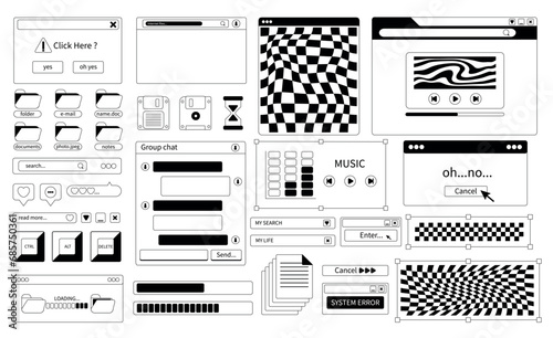 Set of computer retro interface in 2000s style. Custom PC design elements. Modern vector illustration in black and white design on an isolated background.