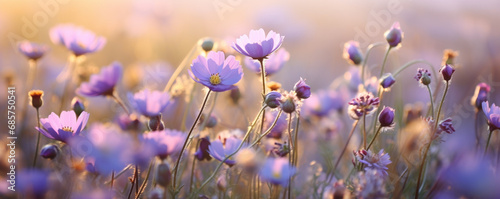 Purple wild flowers field and sunset sky background banner