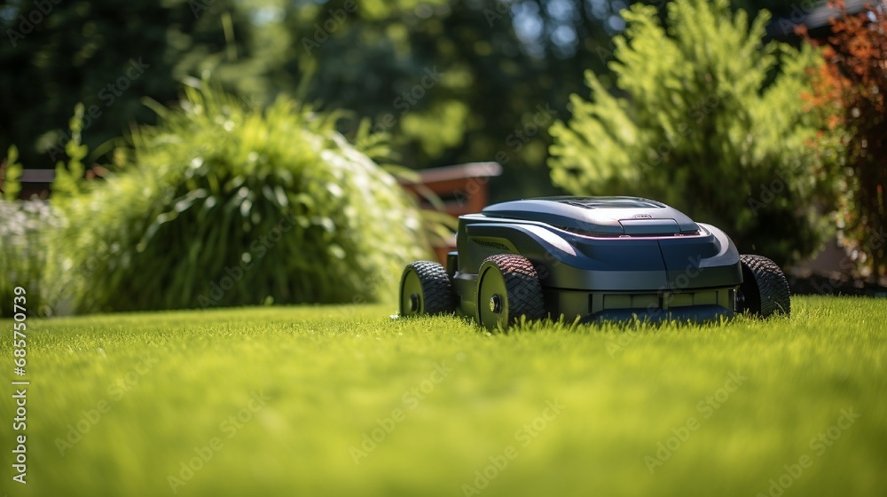 A compact robot lawnmower autonomously trimming the grass in a neatly landscaped backyard.