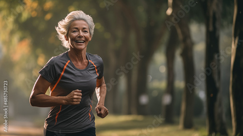 Active senior woman is jogging in a park, Healthy retirement lifestyle, Sports activities for elderly people, generative ai