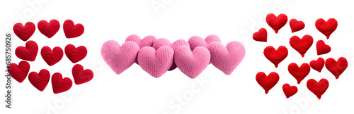 Set of Pink and Red Amigurumi Hearts  A Crocheted Valentine   s Day Banner  Isolated on Transparent Background  PNG