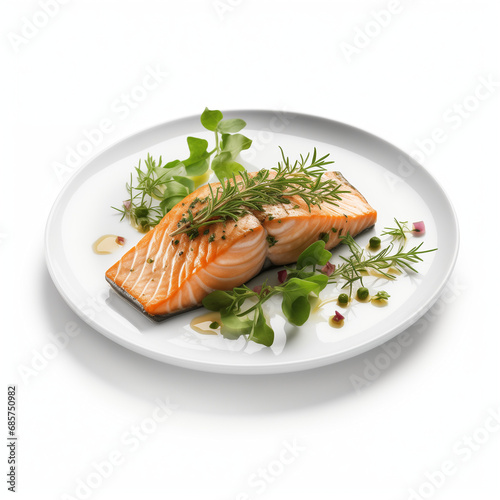 food photography. Salmon, spices, tarragon. Restaurant meal. IA Generativ
