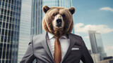 A bear wearing a suit and sunglasses in a city