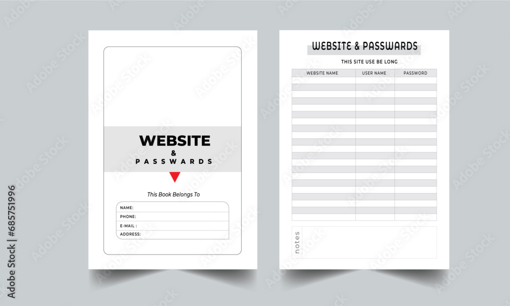 Website & Password Log Book Planner with cover page layout design template.