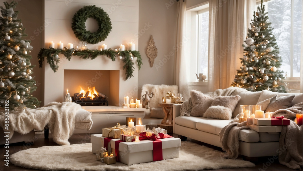 Fototapeta premium fireplace, christmas tree with gifts in the living room