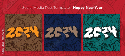 Social media post template with typography number in doodle art design for new year party design