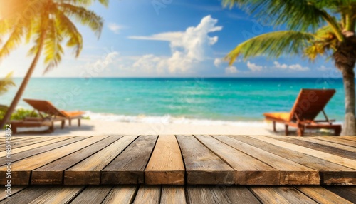 empty wooden planks with blur beach and sea on background