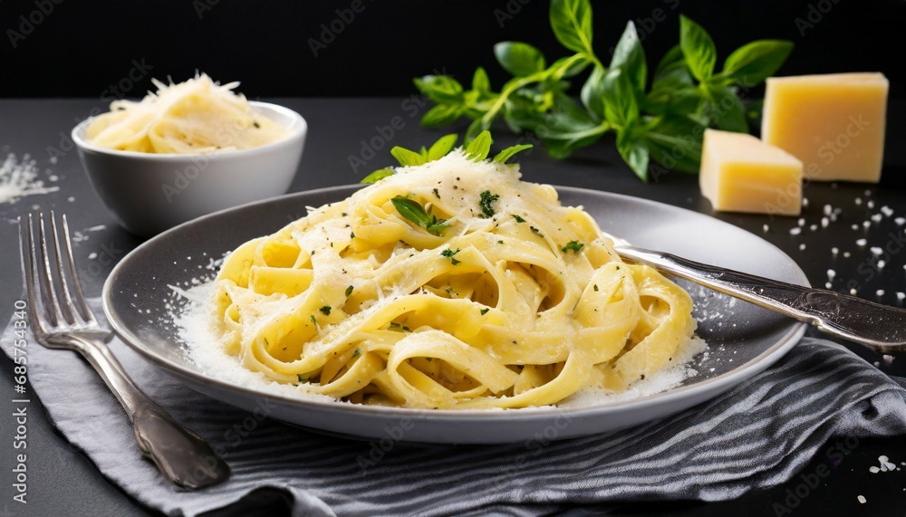 fettuccine alfredo with parmesan cheese on black background