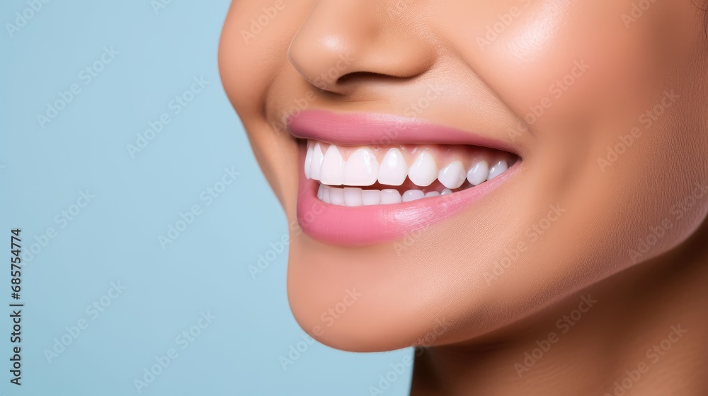 Obraz premium Beautiful woman's smile with healthy white, straight teeth close-up on light-blue background with space for text
