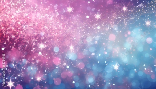 pink and blue starry glitter feminine toned bokeh background banner wide pink and blue sparkling glittery star speckled background with a whoosh of stars moving through the middle