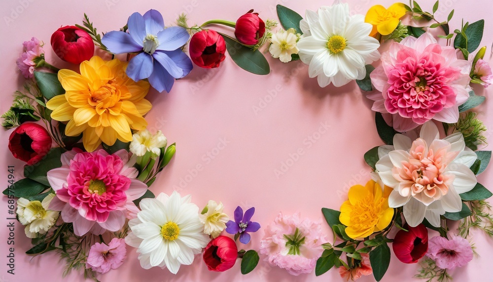 frame with colorful flowers on clear pastel pink background greeting card design for holiday mother s day easter valentine day springtime composition with copy space flat lay top view