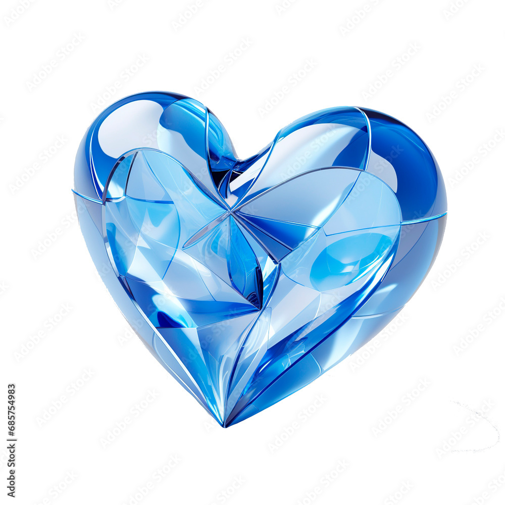 Blue glass heart isolated on white background. 3d render illustration