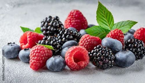 wild berries mix raspberry blueberry blackberry on white background full depth of field